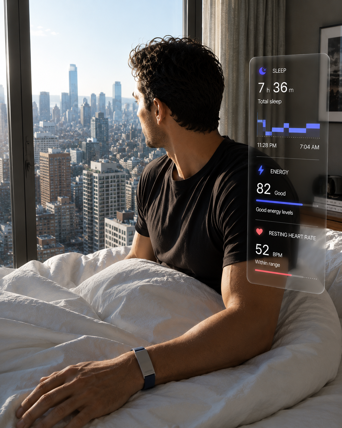 Man waking up in a city hotel room wearing a Panther Eclipse bracelet with sleep, energy, and heart-rate metrics