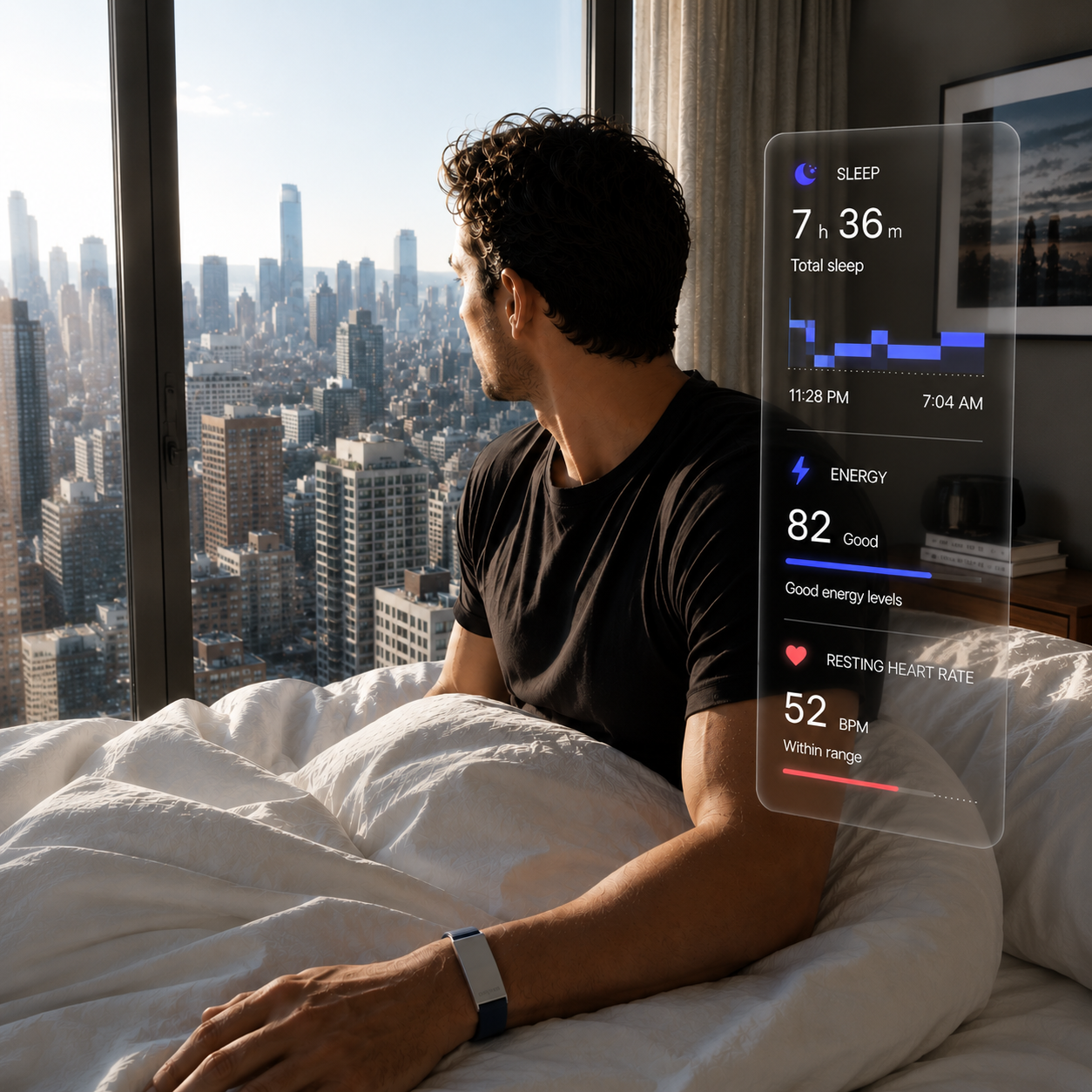 Man in bed overlooking a city skyline wearing a Panther Eclipse bracelet with sleep, energy, and heart-rate metrics