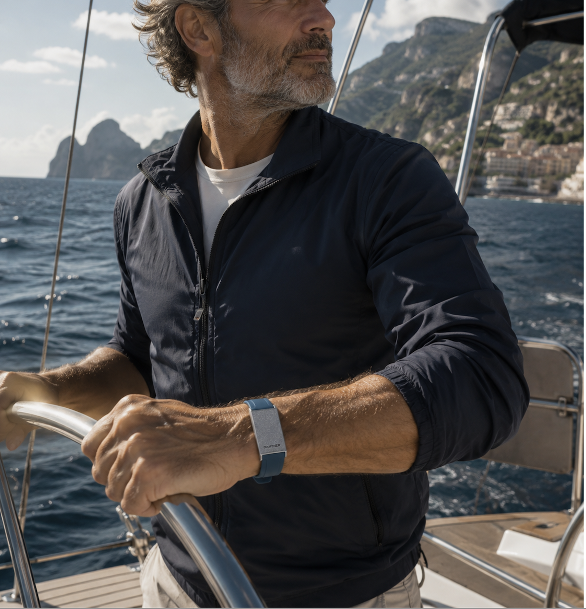 Panther Eclipse worn on a boat, waterproof for everyday adventures