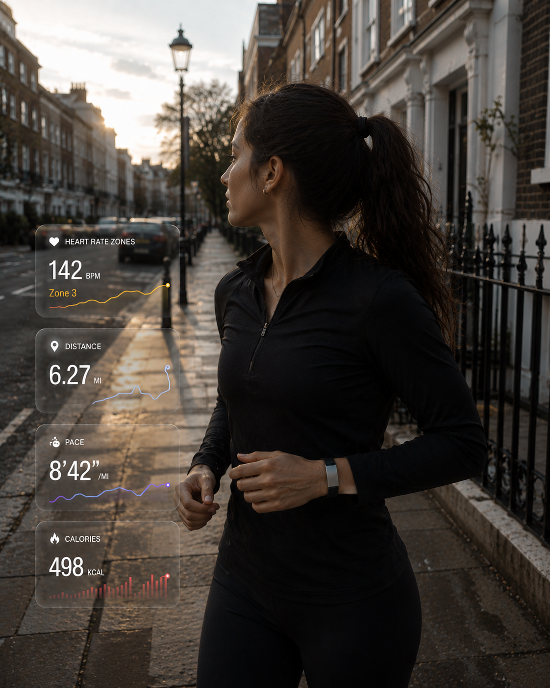 Woman running at sunset in London wearing a Panther Eclipse bracelet with heart rate, distance, pace, and calorie metrics on screen