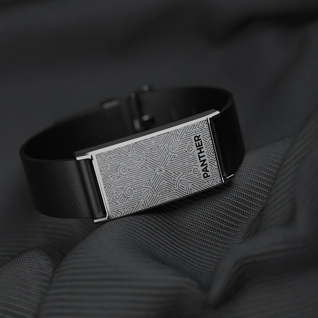 Panther Eclipse in 304L stainless steel with engraved Neo-Deco face on a black leather strap